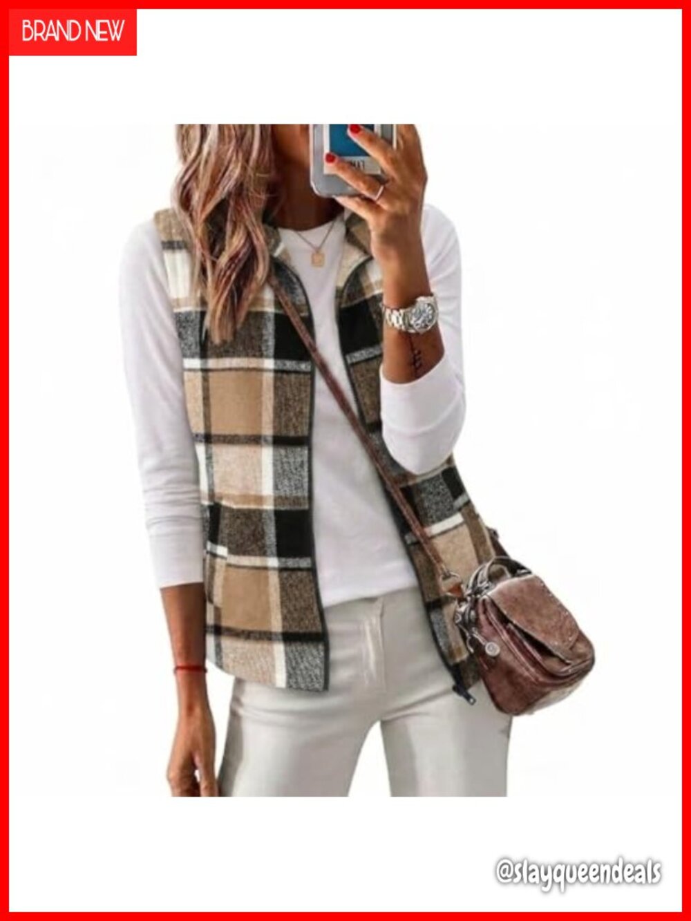 Wool Plaid Zip Up Sleeveless Vest Jacket - Women's Fall Winter Layering